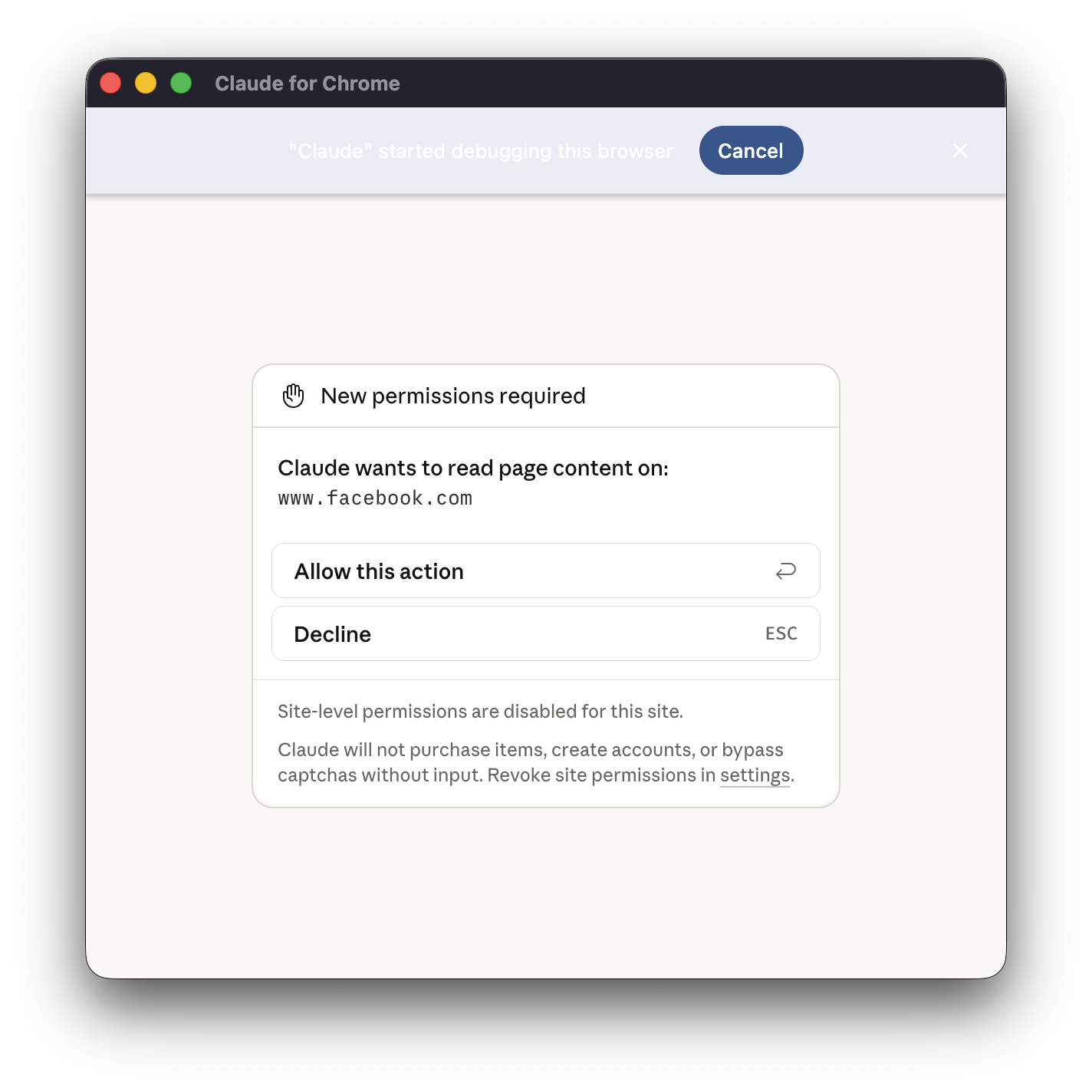 The Claude for Chrome permission prompt on Facebook. "New permissions required. Claude wants to read page content on www.facebook.com," with only "Allow this action" and "Decline," and the fine print "Site-level permissions are disabled for this site."